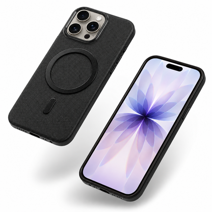 Black MagSafe iPhone 16 Pro Max cover with anti-slip texture and raised camera edges