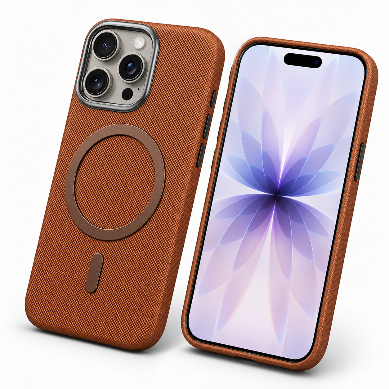 Brown iPhone 16 Pro Max case Canada with stylish fabric MagSafe design
