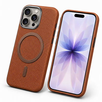 Brown iPhone 16 Pro Max case Canada with stylish fabric MagSafe design

