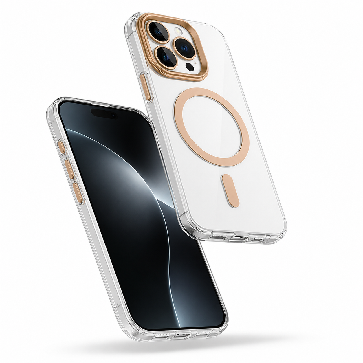 Gold MagSafe iPhone 16 Pro Max cover with raised camera and screen protection