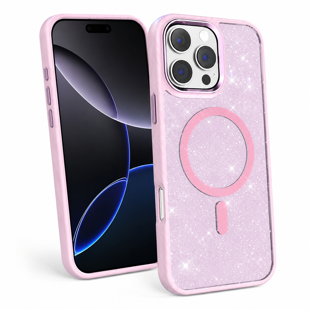 Pink Glitter MagSafe hybrid case
Pink MagSafe iPhone 16 Pro Max cover with shockproof camera protection