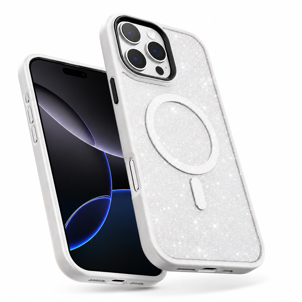 White glitter protective phone cover for Apple iPhone 16 Pro Max
