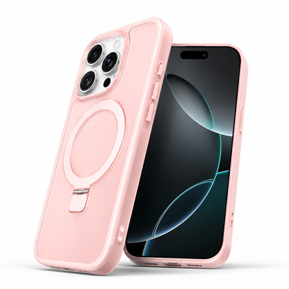 Pink iPhone 16 Pro Max rugged magnetic case with built-in stand
