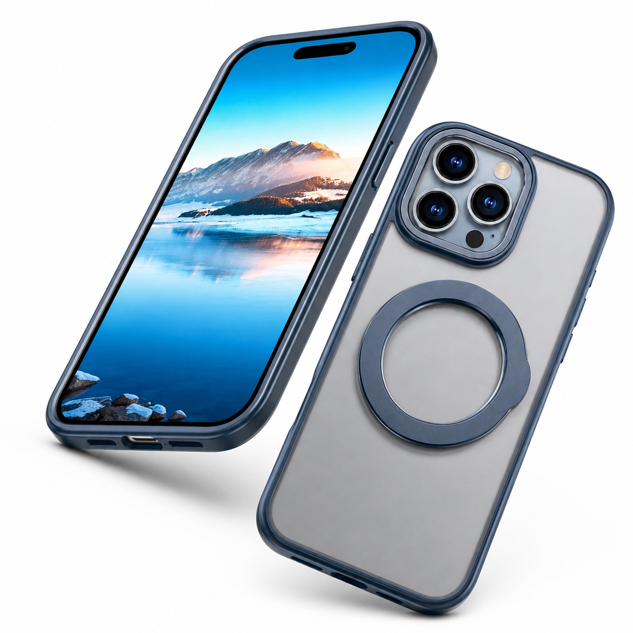 Blue iPhone 16 Pro Max protective case with magnetic ring holder
