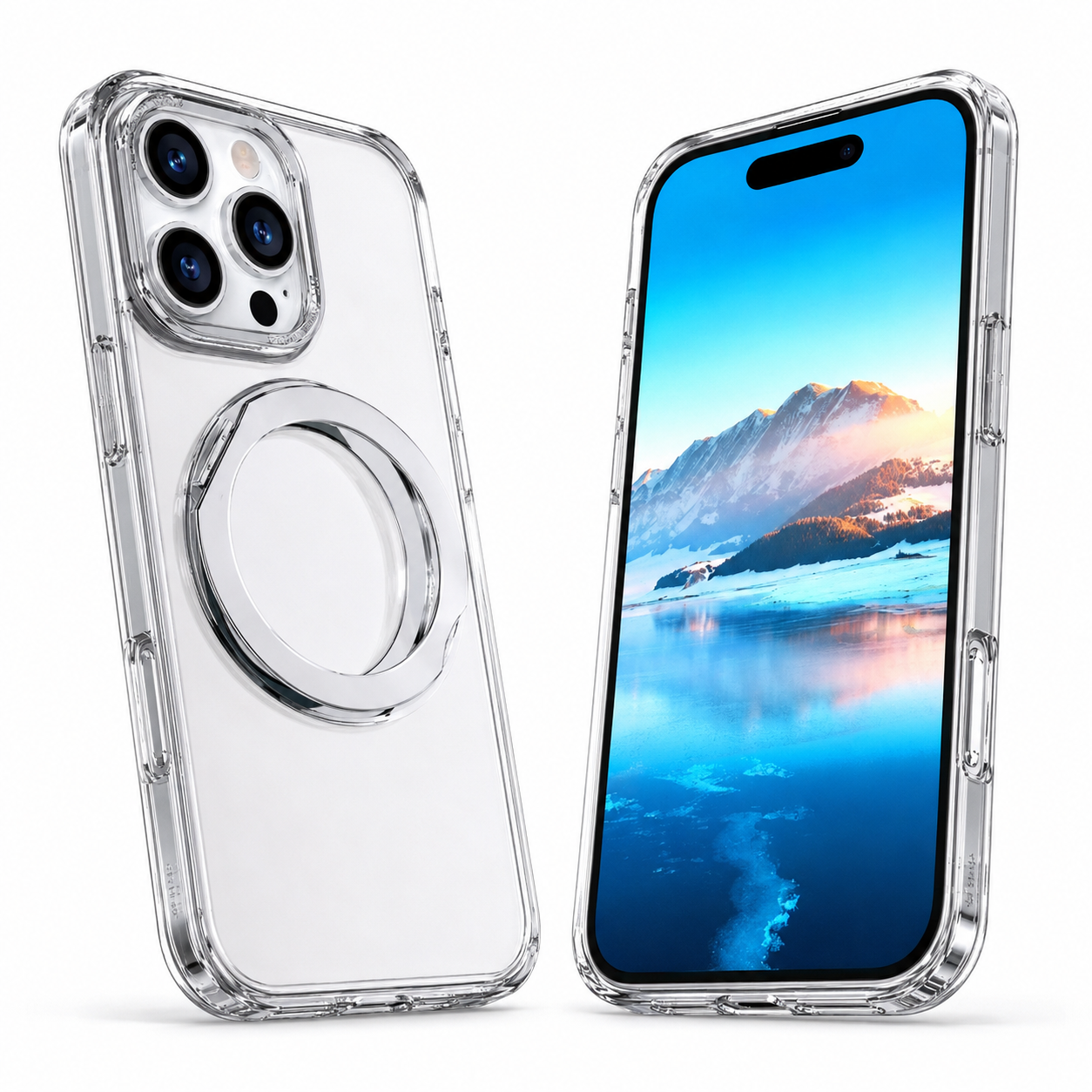 iPhone 16 Pro Max Silver MagSafe case with adjustable ring stand
