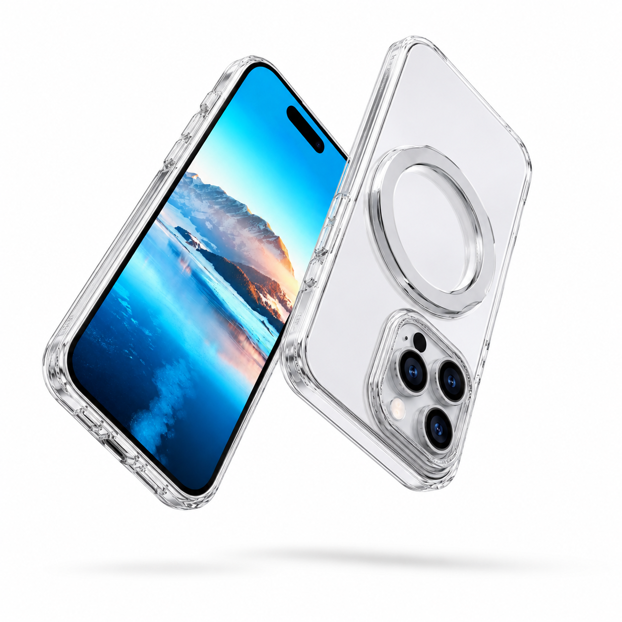 Silver iPhone 16 Pro Max protective case with magnetic ring holder