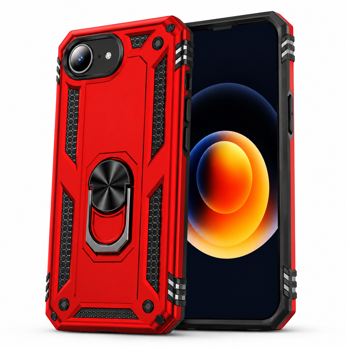 Red impact-resistant iPhone cover with reinforced corners and raised edges