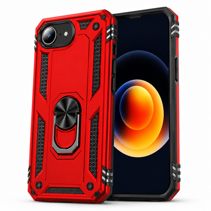 Red impact-resistant iPhone cover with reinforced corners and raised edges