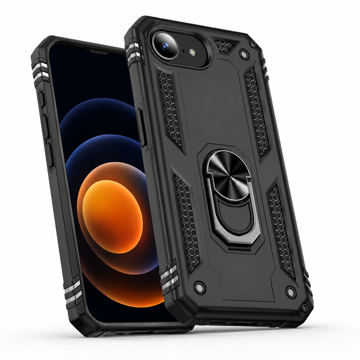 Black impact-resistant iPhone cover with reinforced corners and camera protection