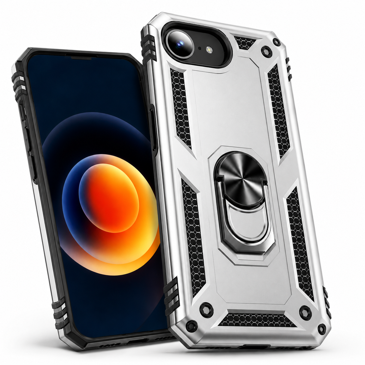 Grey impact-resistant iPhone case with raised screen and camera protection