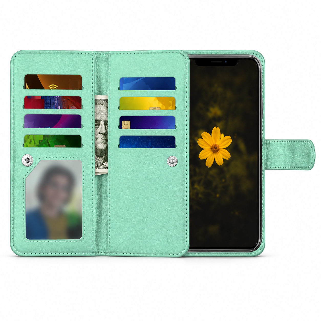 Teal wallet case Canada with nine card slots and detachable phone cover