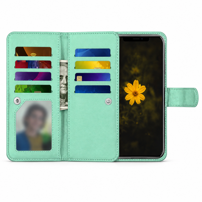 Teal wallet case Canada with nine card slots and detachable phone cover