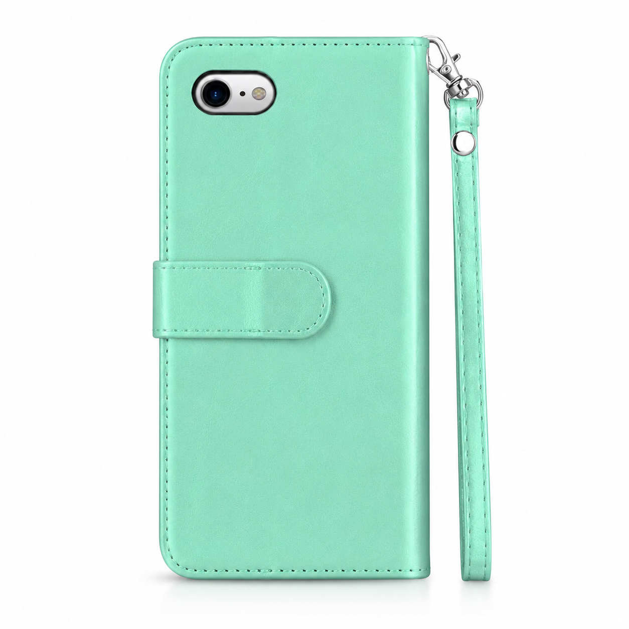 Teal leather-style bifold phone wallet for iPhone 17e and iPhone 16e