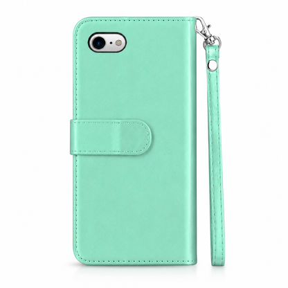 Teal leather-style bifold phone wallet for iPhone 17e and iPhone 16e