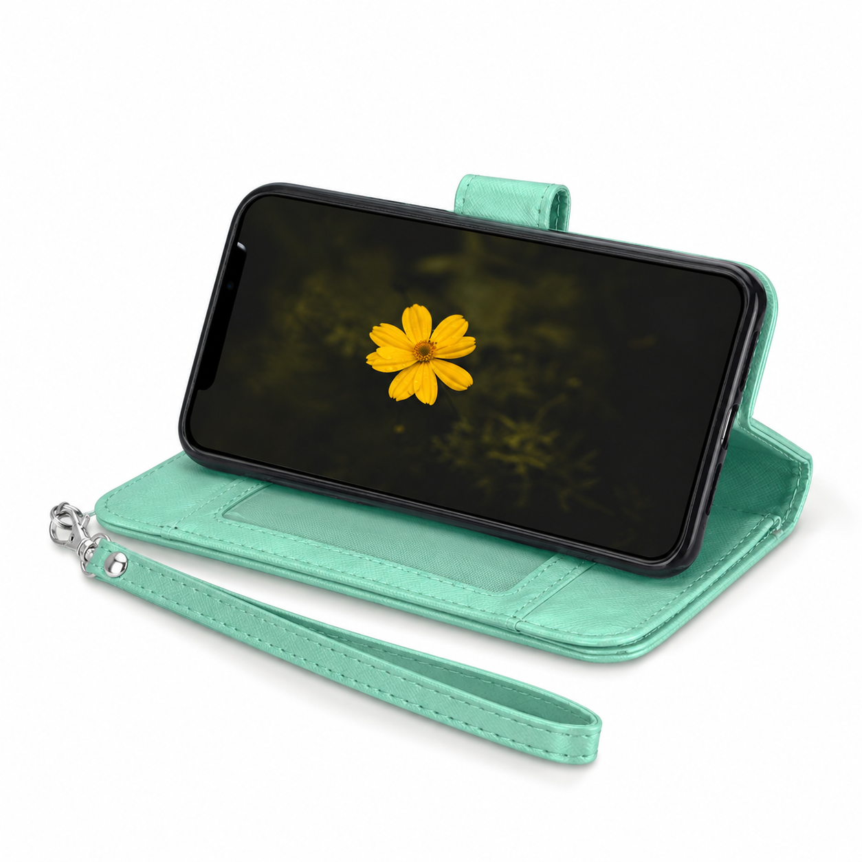 Teal iPhone wallet cover with card storage, cash pocket and magnetic closure
