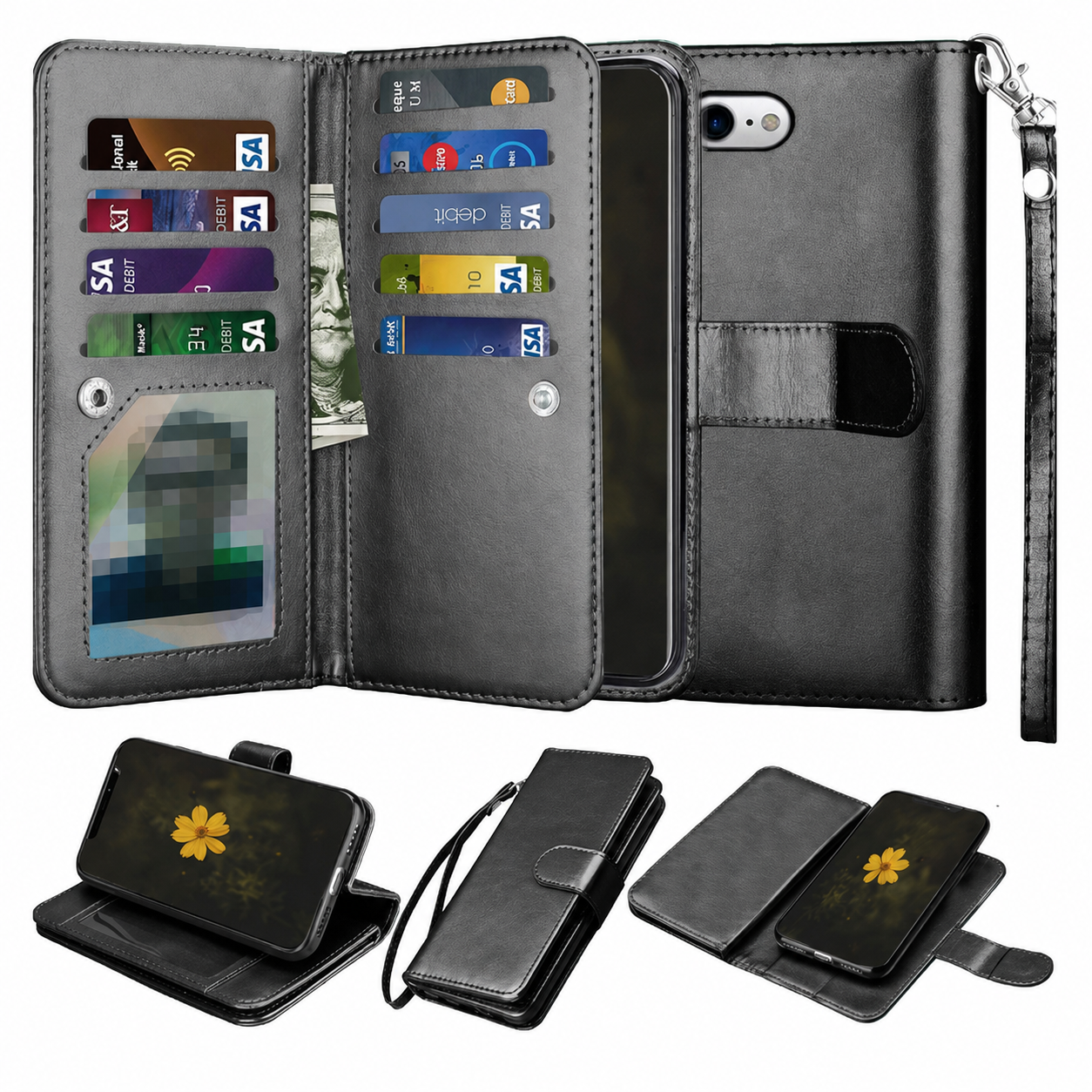 Black Bifold 9-Card Detachable Wallet Case for Apple iPhone 17e and 16e
