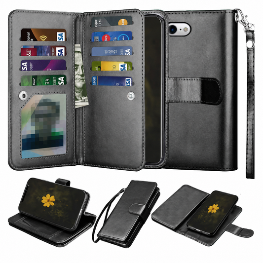 Black Bifold 9-Card Detachable Wallet Case for Apple iPhone 17e and 16e
