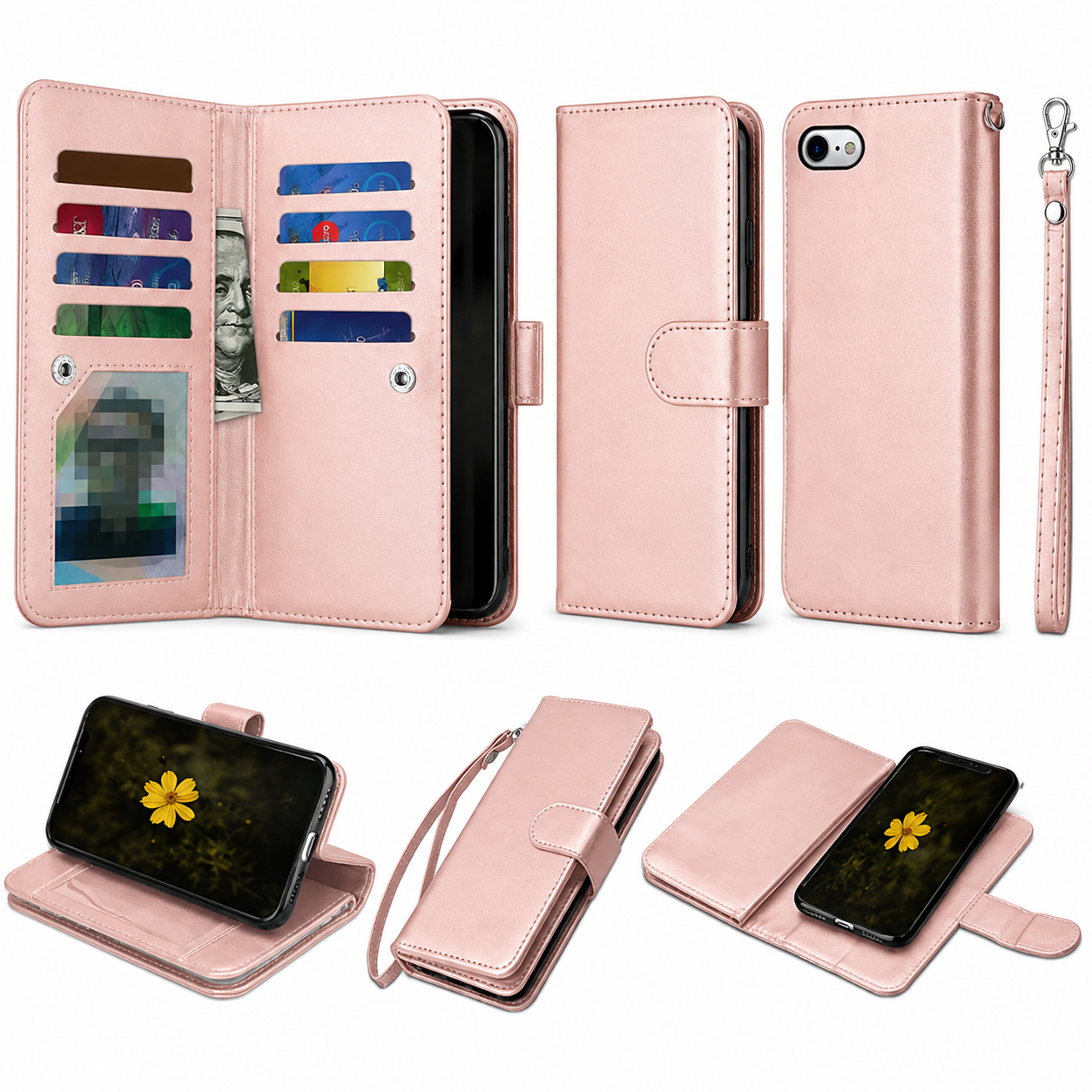 Rose Gold Bifold 9-Card Detachable Wallet Case for Apple iPhone 17e and 16e