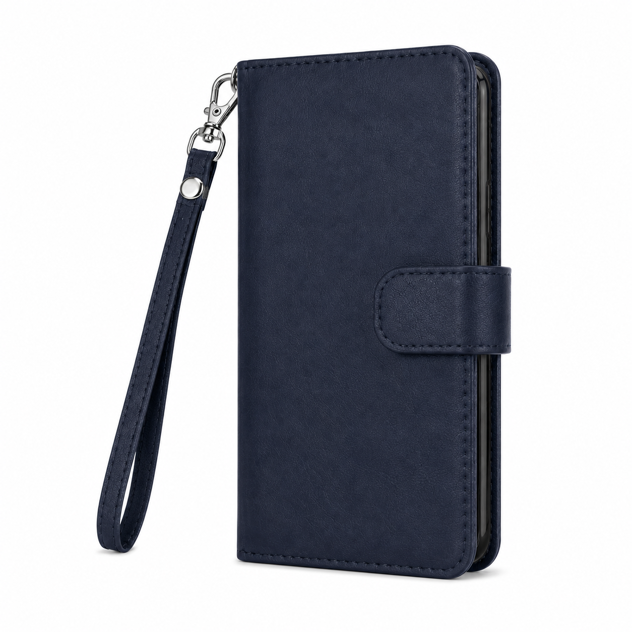 Navy iPhone wallet case with cash pocket, stand function and magnetic closure