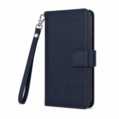 Navy iPhone wallet case with cash pocket, stand function and magnetic closure
