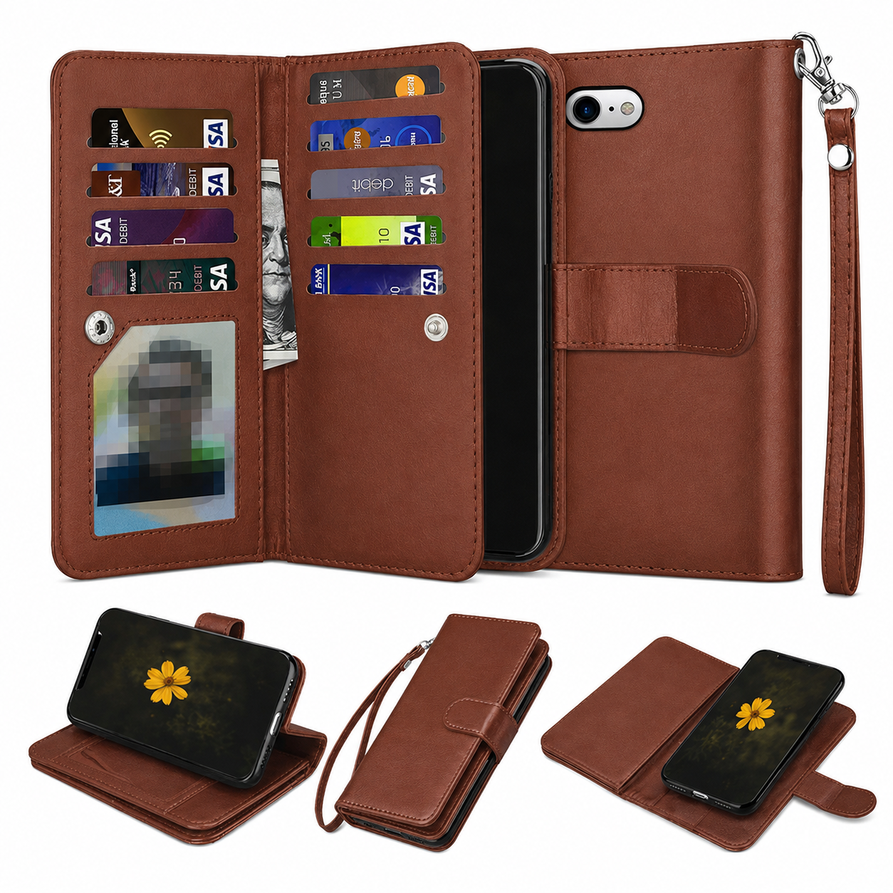 Brown Bifold 9-Card Detachable Wallet Case for Apple iPhone 17e and 16e
