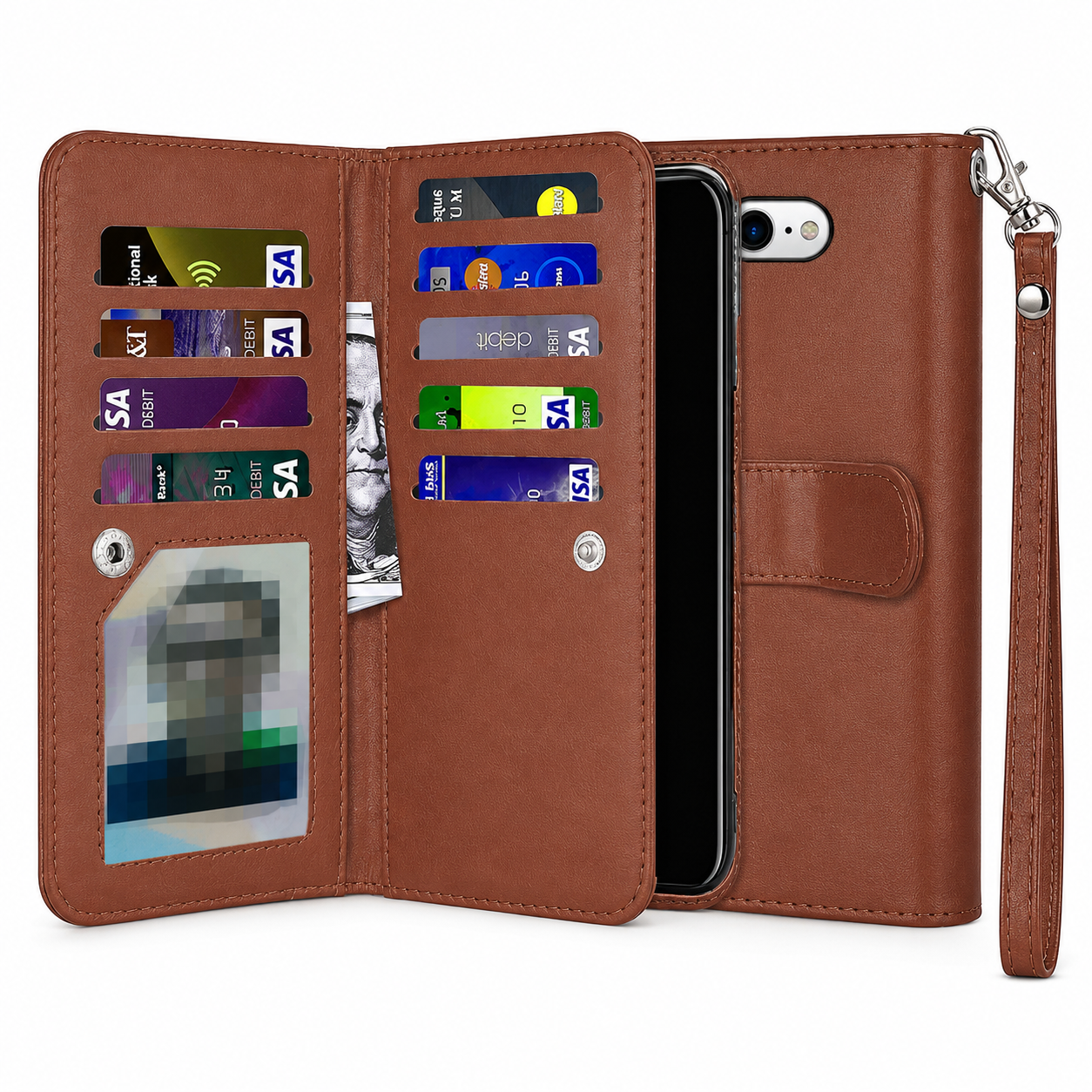 Brown detachable bifold phone wallet for Apple iPhone 17e and 16e