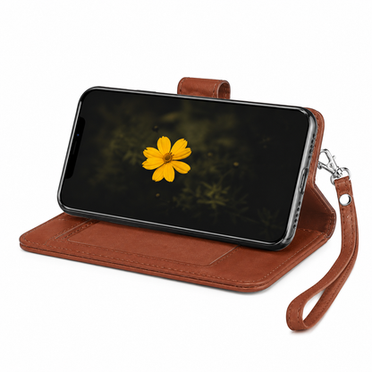 Brown iPhone wallet cover with cash pocket, magnetic closure and detachable case
