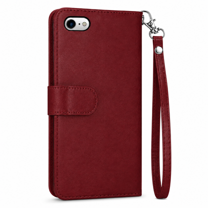 Wine iPhone wallet cover with cash storage, magnetic closure and stand function