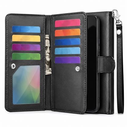 Black iPhone wallet case with cash pocket, magnetic closure and detachable shell