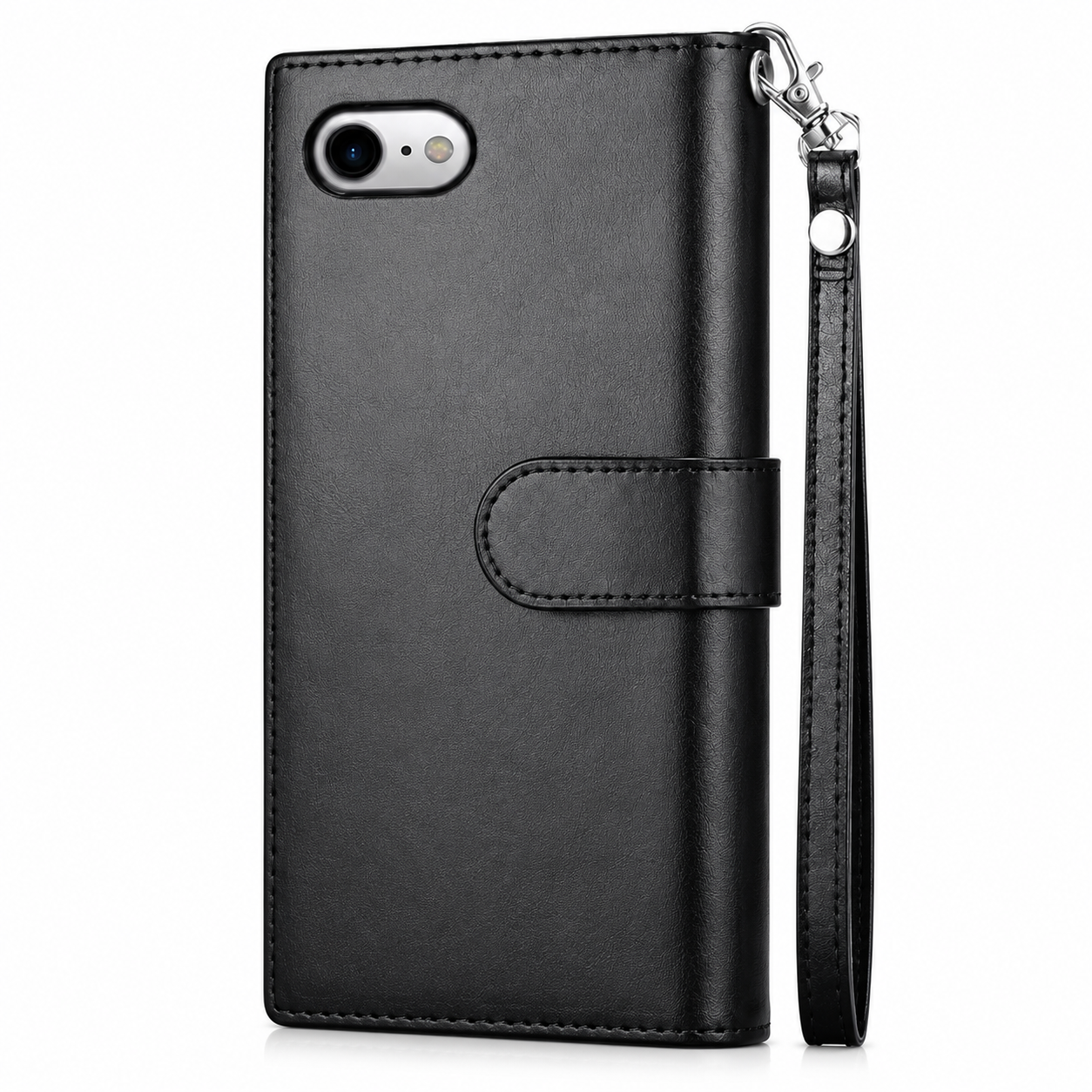 Black detachable bifold phone wallet for Apple iPhone 17e and 16e

