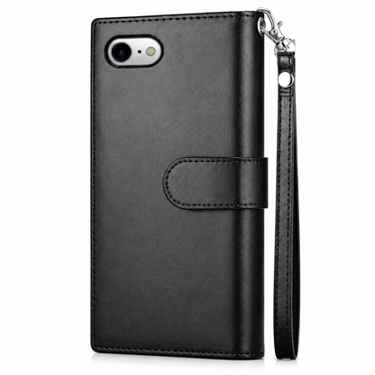 Black detachable bifold phone wallet for Apple iPhone 17e and 16e
