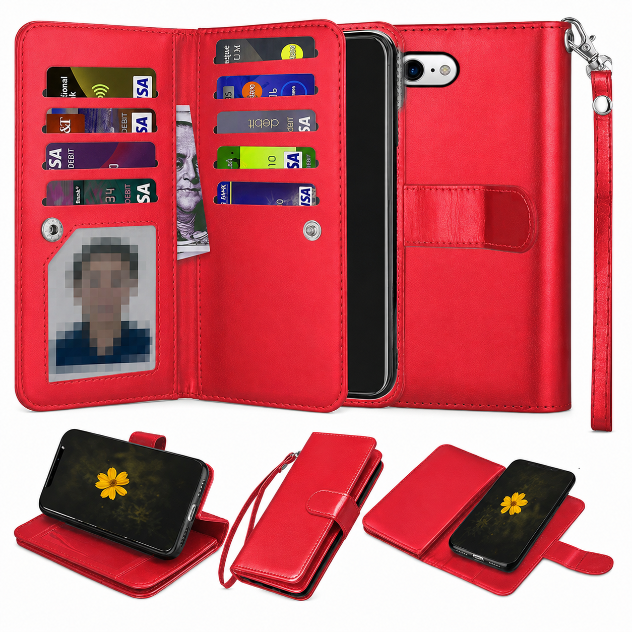 Red Bifold 9-Card Detachable Wallet Case for Apple iPhone 17e and 16e

