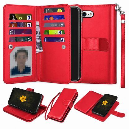 Red Bifold 9-Card Detachable Wallet Case for Apple iPhone 17e and 16e
