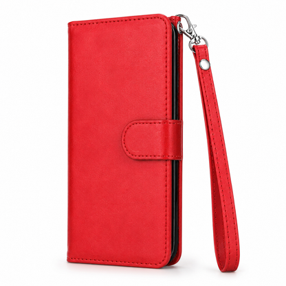 Red iPhone wallet case with cash pocket, magnetic fastening and detachable shell