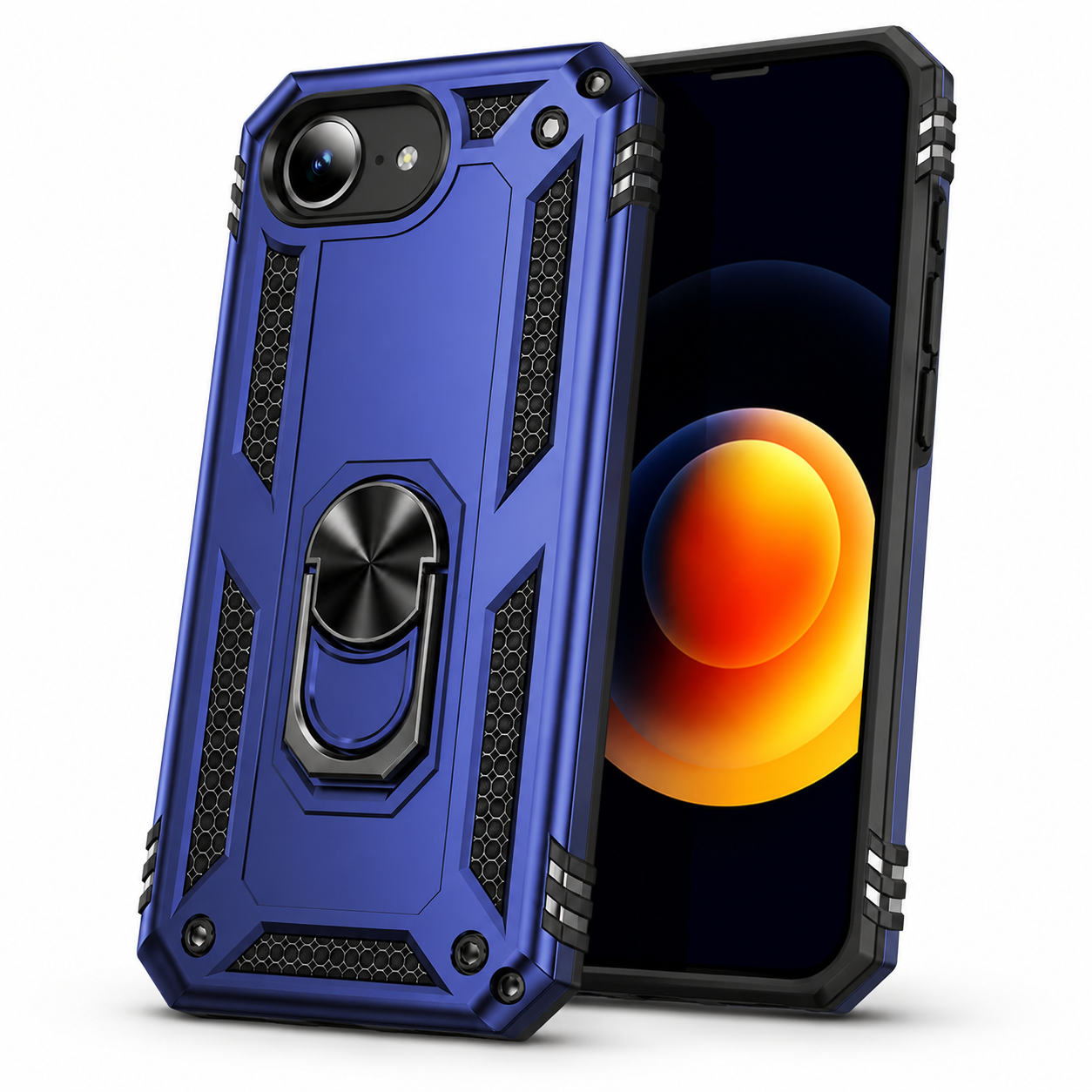 Navy rugged iPhone cover with raised camera bezel and screen protection