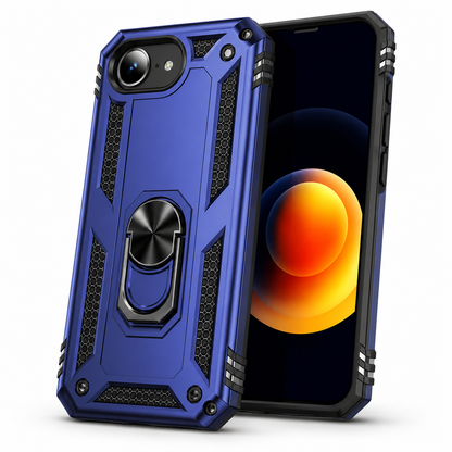 Navy rugged iPhone cover with raised camera bezel and screen protection