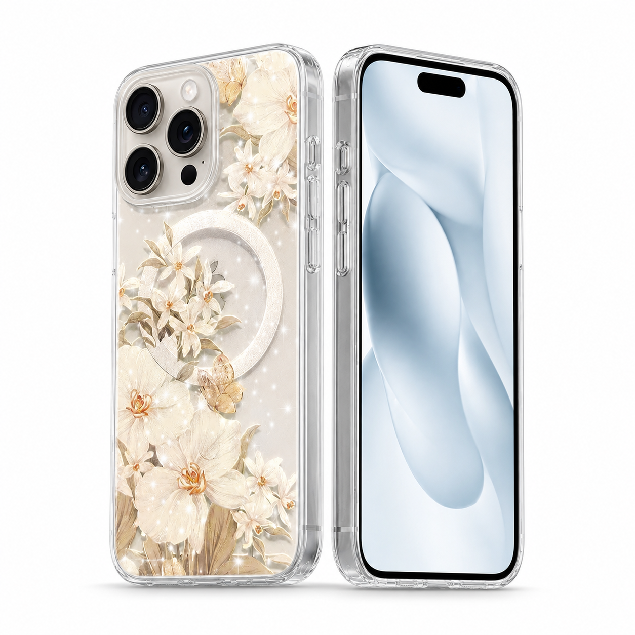 White MagSafe floral phone cover for Apple iPhone 16 Pro Max