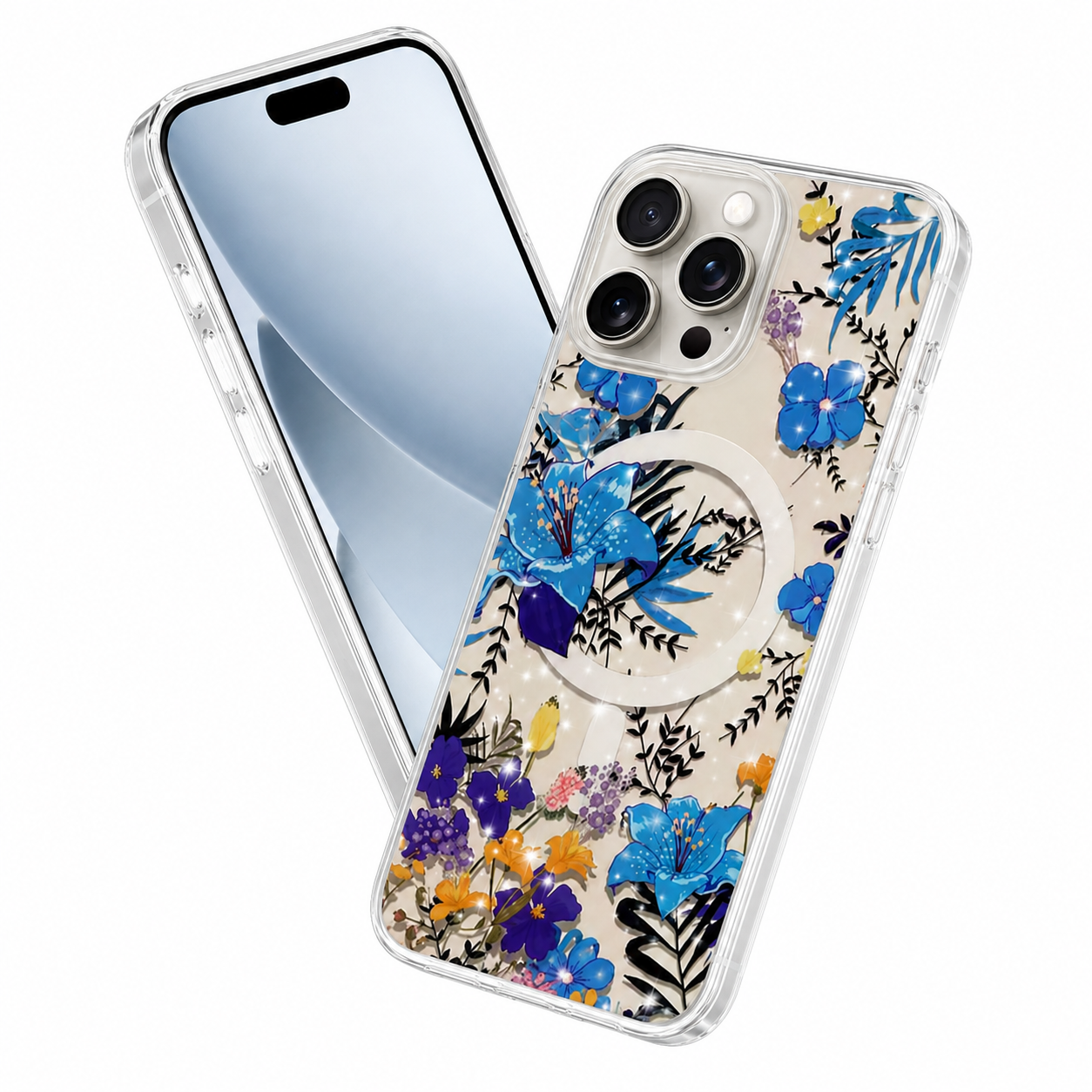 Blue MagSafe floral phone cover for Apple iPhone 16 Pro Max
