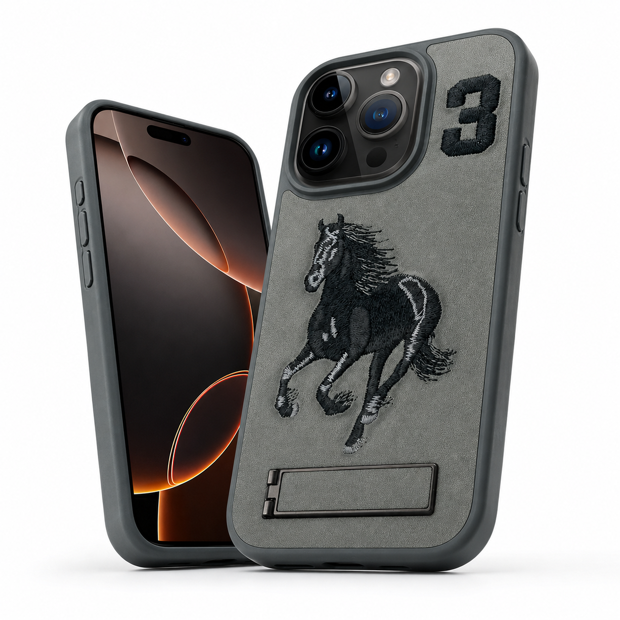 Grey Horse Pattern Phone Case with Stand for iPhone 16 Pro Max
