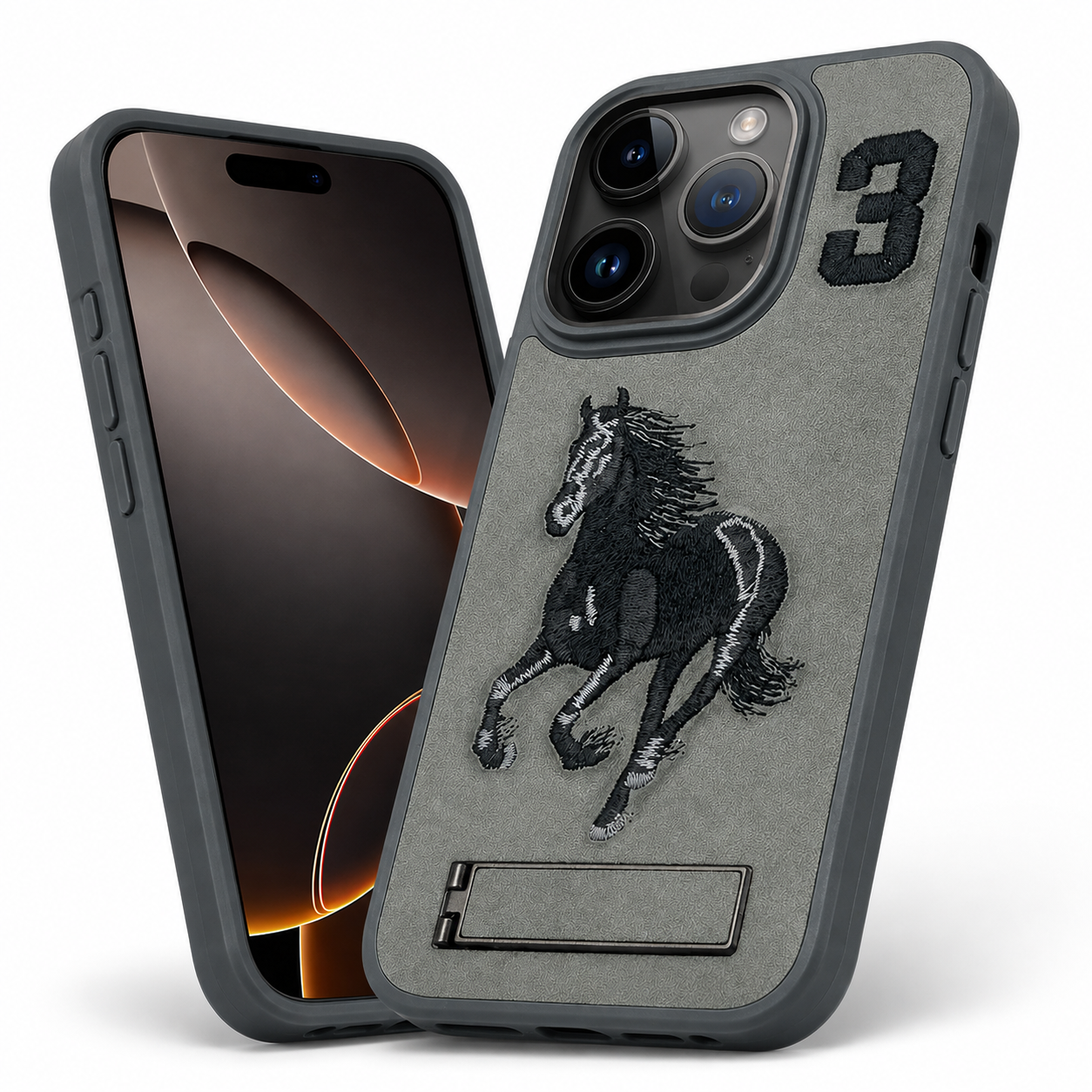 Apple iPhone 16 Pro Max Horse Design Kickstand Case Grey
