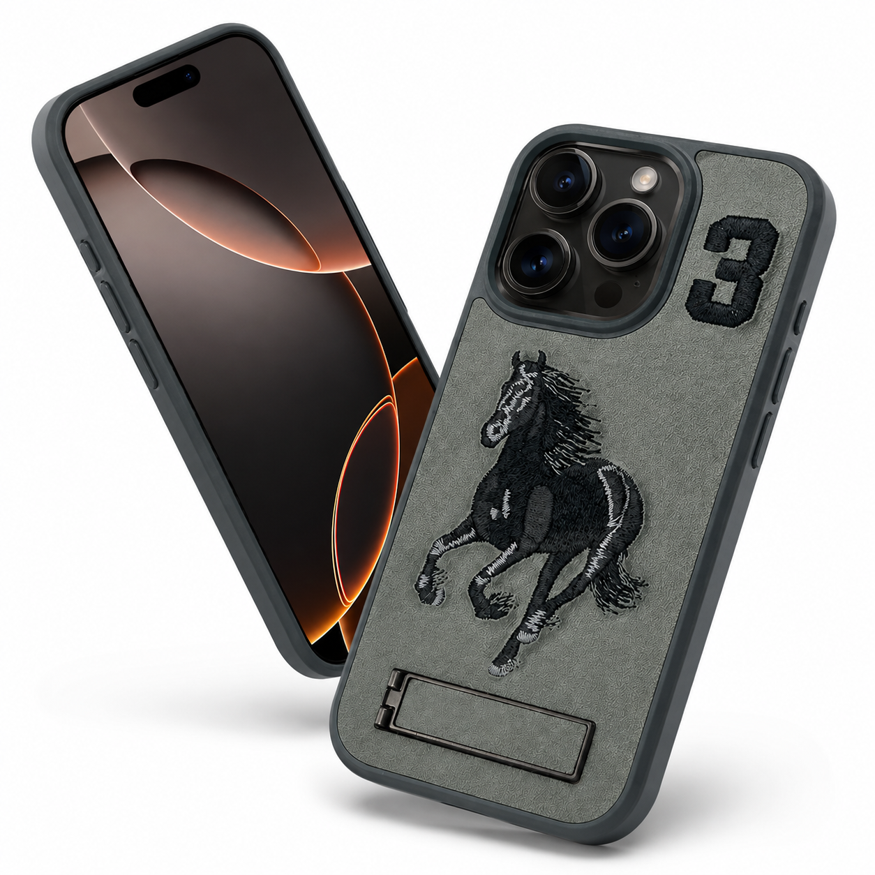 Protective Grey Horse Design Stand Cover for iPhone 16 Pro Max
