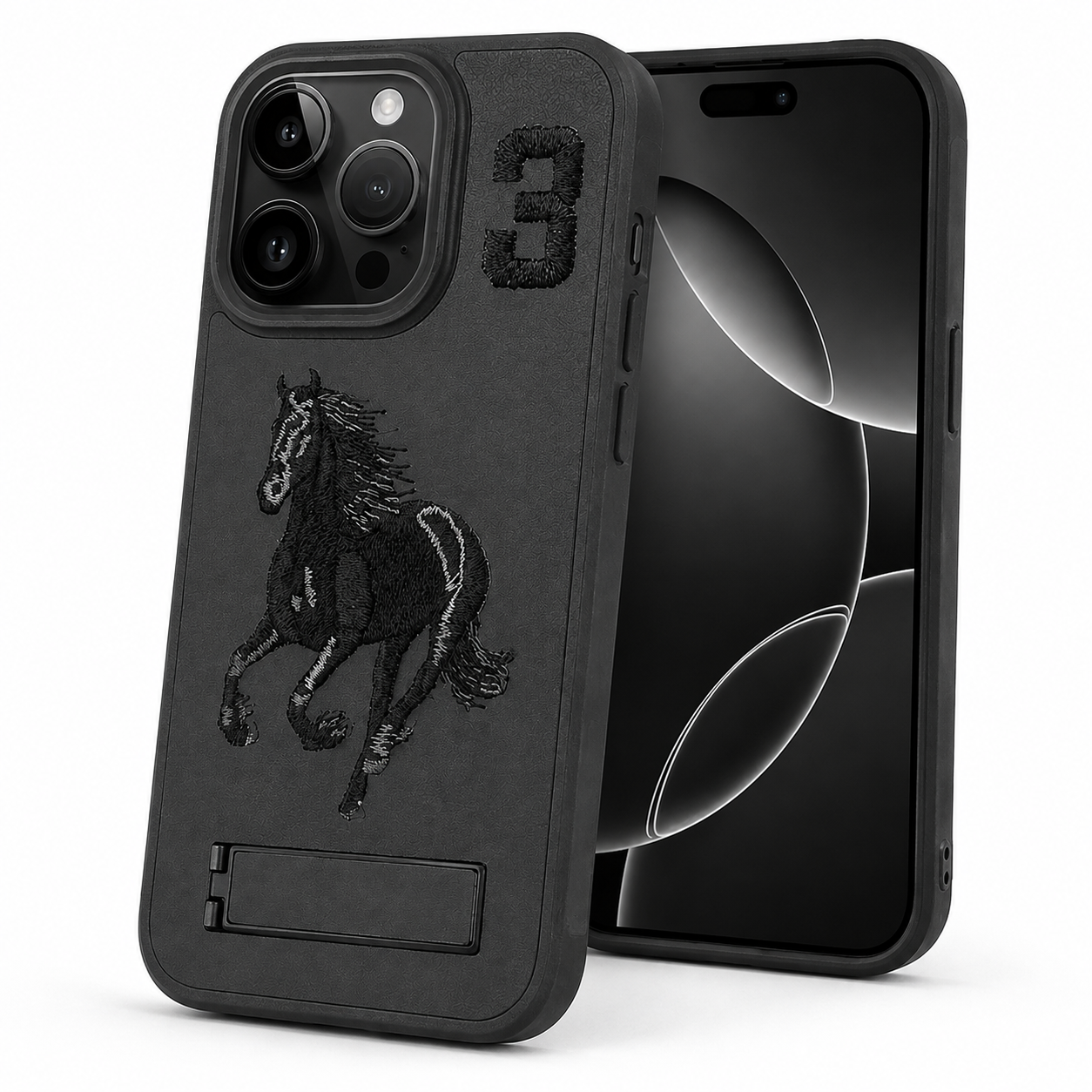 iPhone 16 Pro Max Black Horse Design Protective Case with Stand
