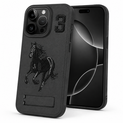 iPhone 16 Pro Max Black Horse Design Protective Case with Stand
