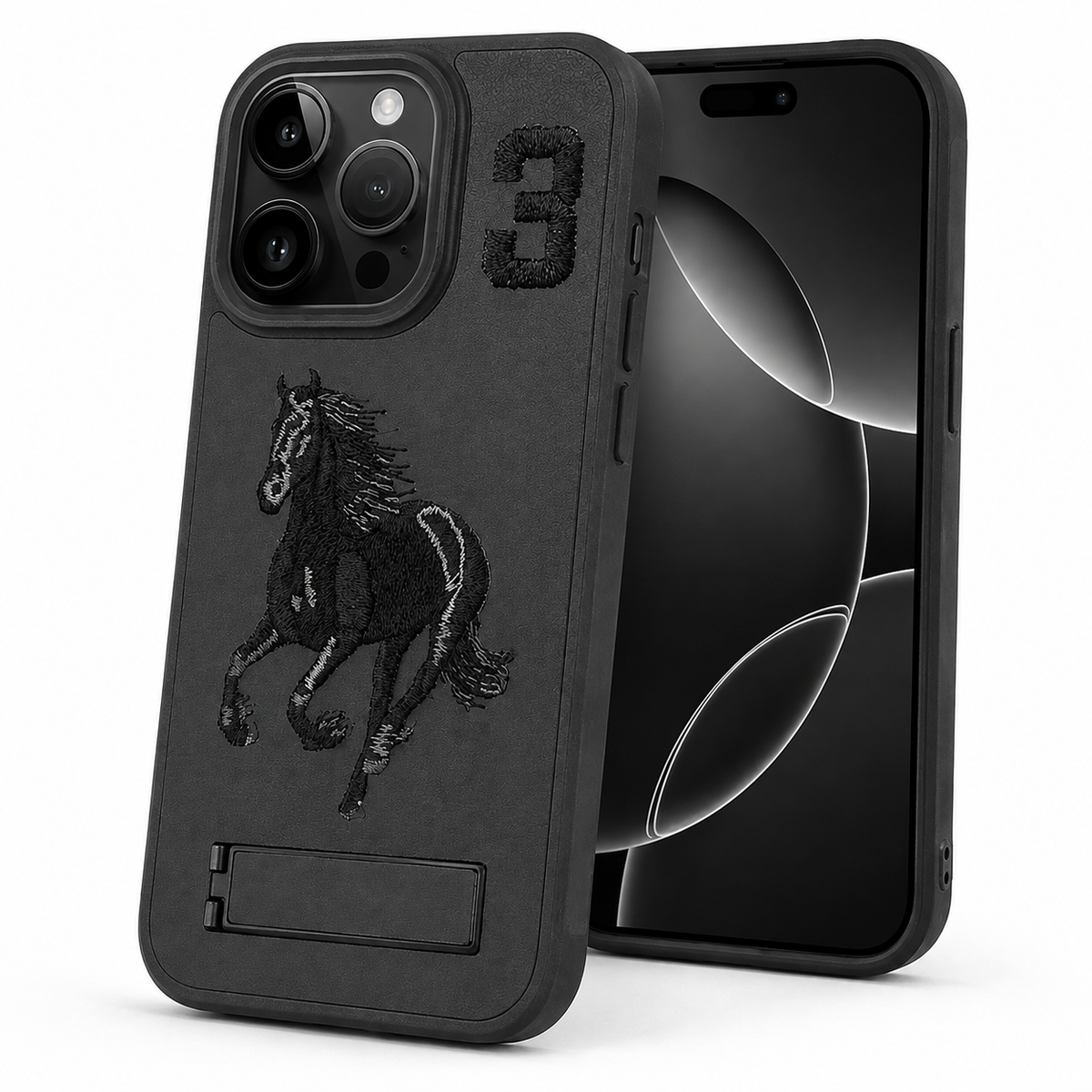 Horse Design W/ Stand Case for Apple iPhone 13 Pro Max - Black - angled product view
