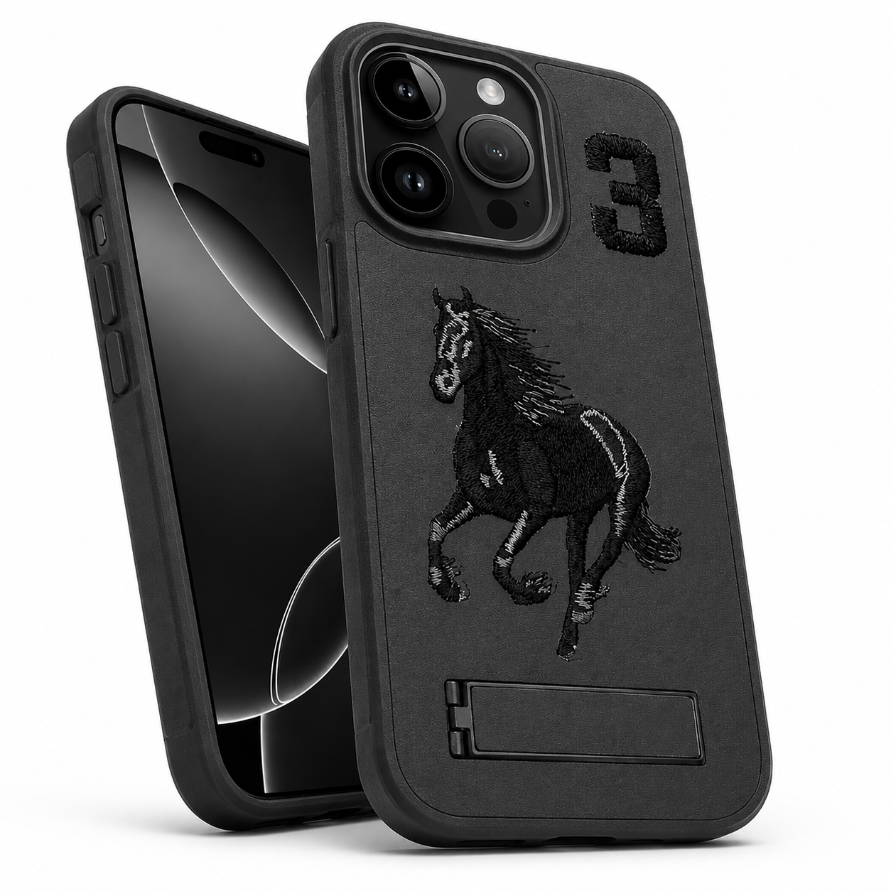 Black Horse Pattern Phone Case with Stand for iPhone 16 Pro Max
