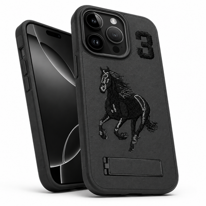 Black Horse Pattern Phone Case with Stand for iPhone 16 Pro Max
