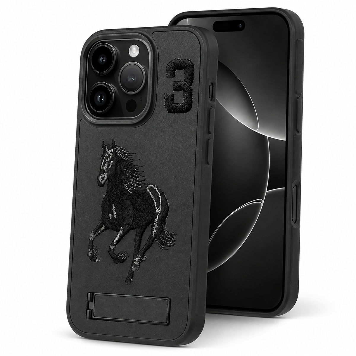 Horse Design W/ Stand Case for Apple iPhone 13 Pro Max - Black - side profile product view