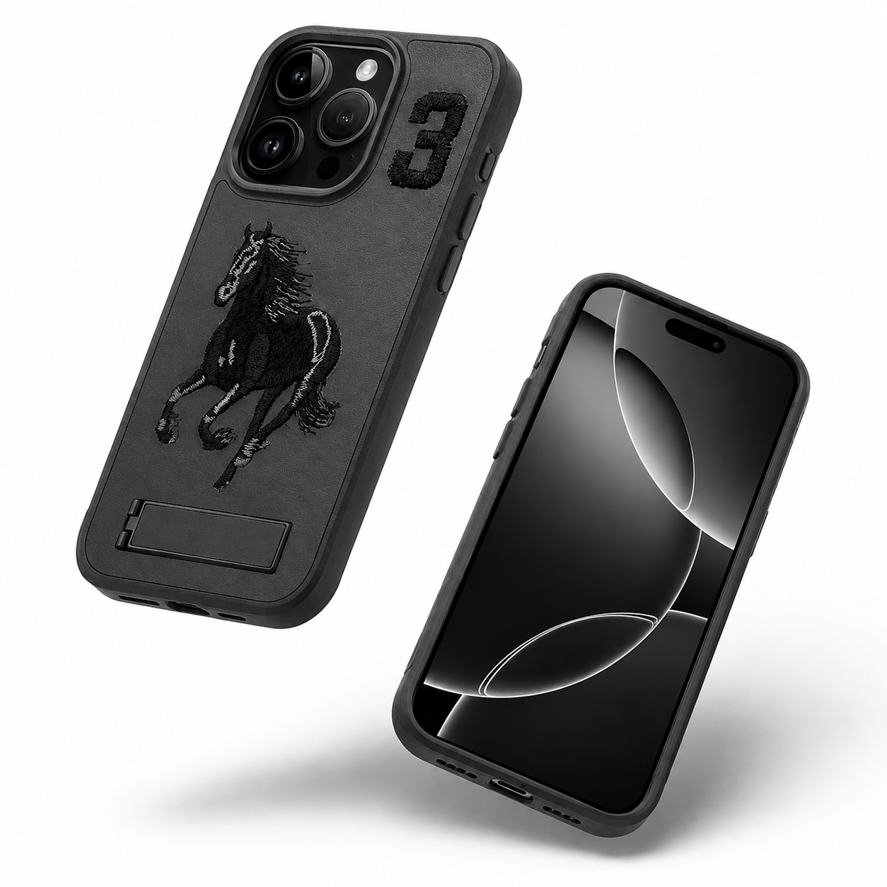 Protective Black Horse Design Stand Cover for iPhone 16 Pro Max