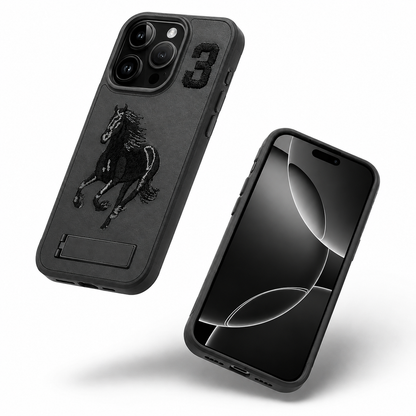 Protective Black Horse Design Stand Cover for iPhone 16 Pro Max