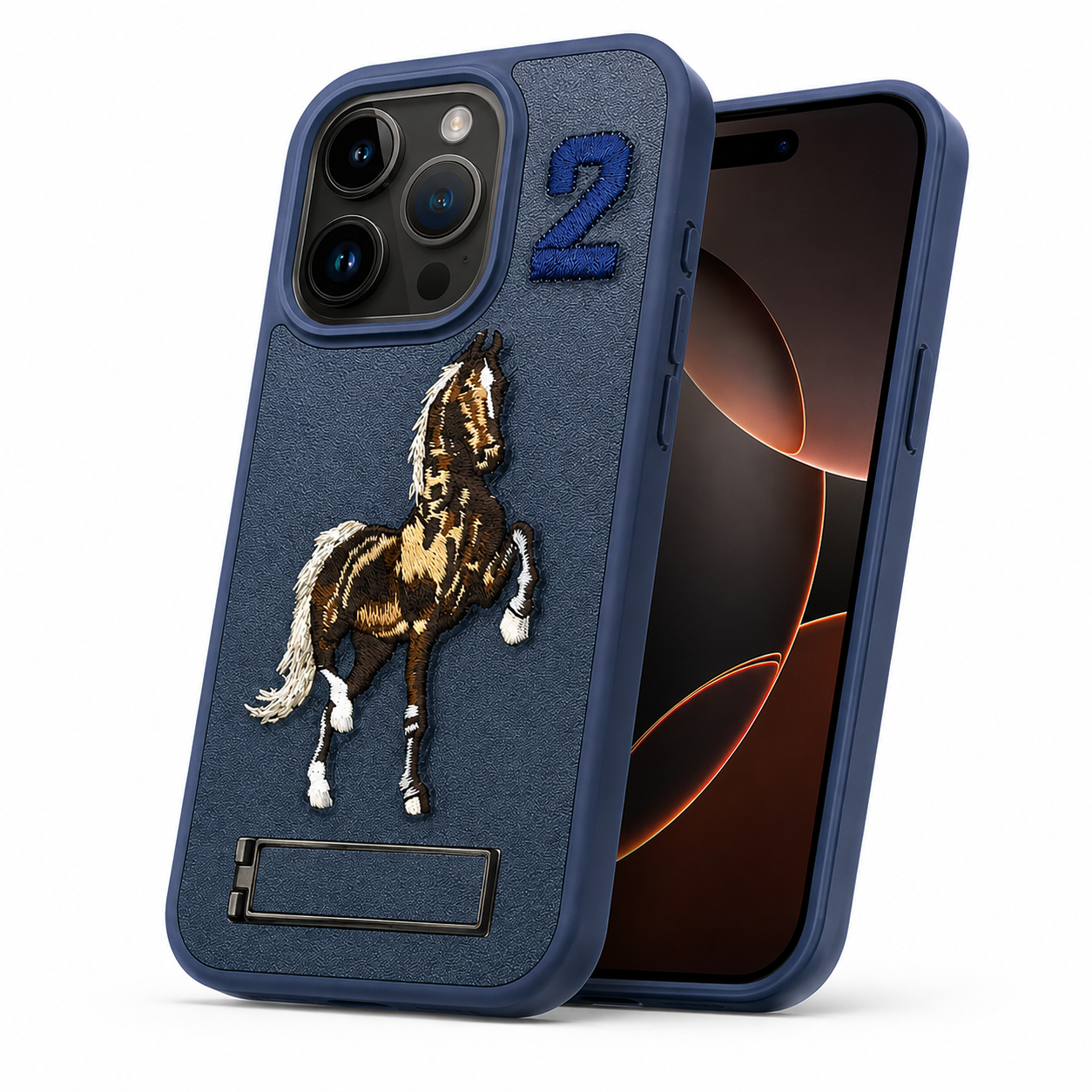 iPhone 16 Pro Max Blue Horse Design Protective Case with Stand

